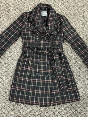 Charlotte Russe Black & Pink Plaid Double-Breasted Trench Coat XS/S - Winter